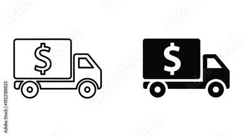 Money Delivery Truck Icon Set Representing Cash Logistics and Finance