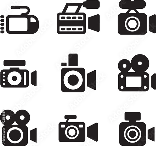 Set of black video camera and photography equipment vector icons isolated