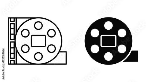 Cinema Film Reel Icon Set - Outline and Solid Black Glyph for Movies, Video, and Production