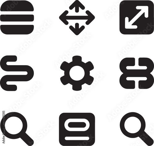 Set of black solid user interface and navigation menu vector icons