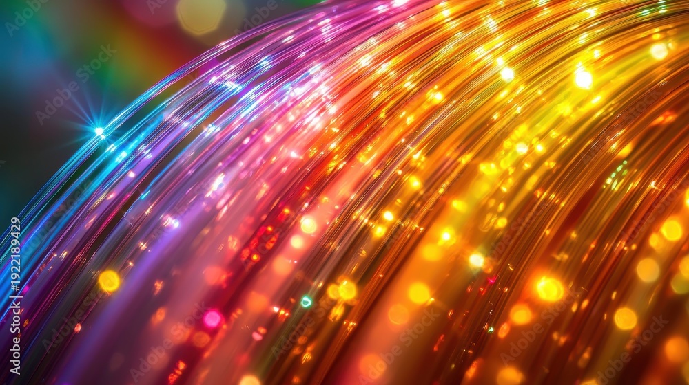 Obraz premium Macro cable glow reveals fiber optic strands bending through space creating vivid rainbow spectrums with prismatic color separation