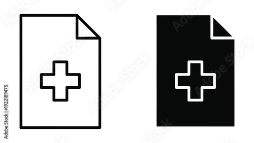 Medical File Document Icon - Health Record with Cross Symbol in Black & White Styles