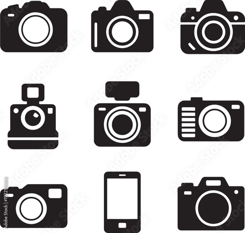 Set of black photo and video camera vector icons with smartphone