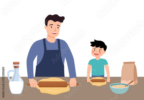 Father and son cooking together in the kitchen vector illustration.