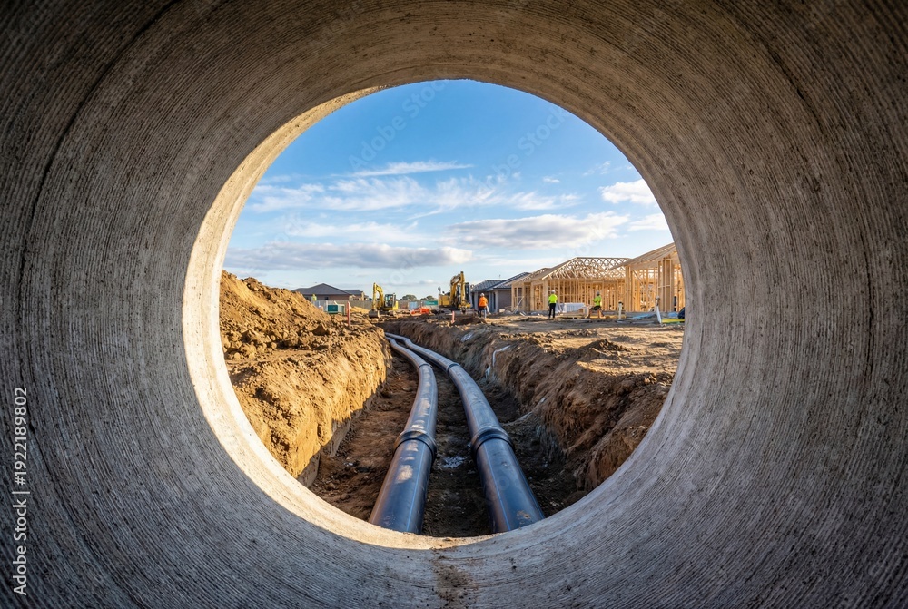 Fototapeta premium View from inside a large concrete pipe looking out at a construction trench with pipelines