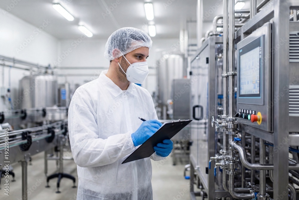 Naklejka premium A technologist in a cleanroom suit and face mask inspects equipment and records data in a manufacturing facility