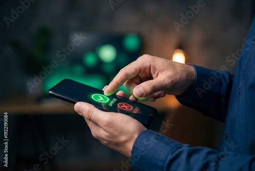 Male hands holding smartphone and finger hovering over green button