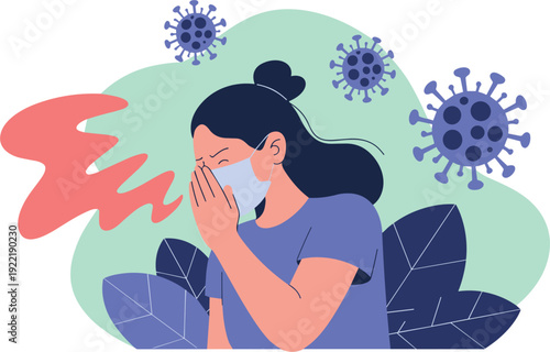 Sick woman wearing medical mask coughing with floating virus particles