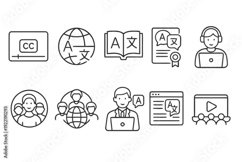 Icons for translation services and language learning online