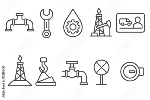 Industrial icons set with oil rig pipe wrench gear drop pump jack and driver license