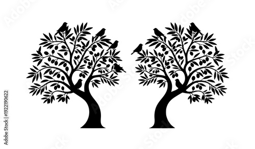 Stylized Black Olive Trees with Birds Decorative Mediterranean Nature Vector Illustration