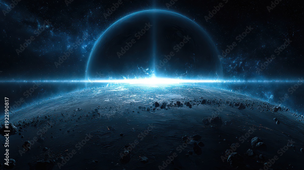 Obraz premium Dramatic Digital Art of Blue Ringed Asteroid Field in Dark Tone Starry Background