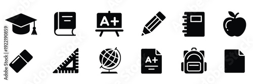 Set of 12 black education and school supply icons, showcasing graduation cap, textbooks, globe, backpack, and academic tools for learning design projects.
