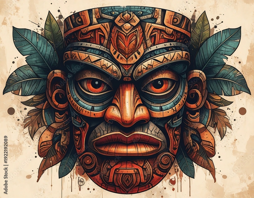 Naklejka premium Ornate tribal mask with vibrant colors, adorned with feathers and details