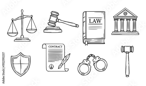 Hand drawn law symbols vector set isolated on white