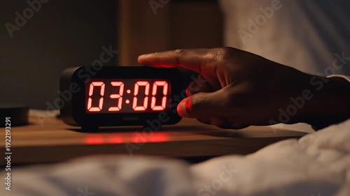 Close up of a hand reaching out to turn off a digital alarm clock showing 3:00 AM in a dark bedroom