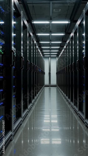 Modern data center server room with rows of computer servers and bright LED lights