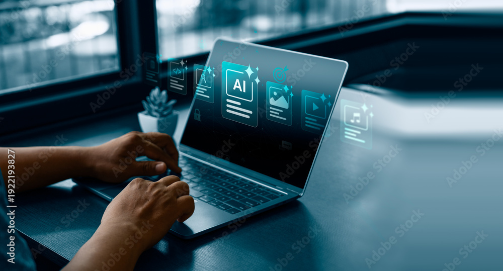 Foto Artificial intelligence content management interface on laptop screen, professio