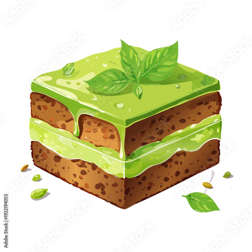 Matcha Tiramisu Cake Slice Vector Illustration – Green Tea Dessert Design with Layered Matcha Frosting and Mint Leaves