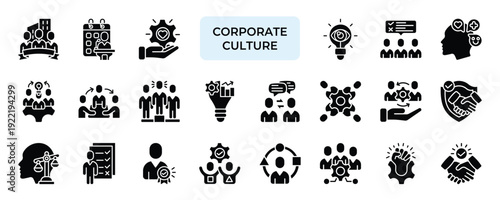 Corporate Culture Icon set Collection in Solid Glyph Style. corporate, culture, identity, event, values, mission, vision