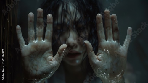 Disturbing image of a person's hands pressed against a wet, grimy surface, with a blurred face in the background