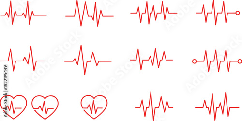 Stylized ECG heartbeat line illustrations with heart-shaped designs, medical monitoring graphics, cardiology symbols, healthcare visuals, red electrocardiogram art