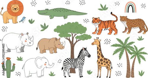 Cute safari animal illustration set featuring lion tiger elephant giraffe zebra crocodile leopard and tropical plants for kids education nursery and wildlife themed designs