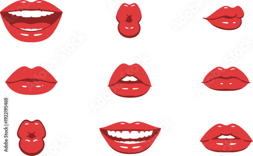 Stylized Red Lips Grid Showing Speech, Phonemes, Expressions, Smiles, Puckers, Teeth, Closed Mouths, Emotional Variations, Animation Reference Design