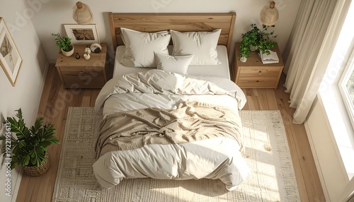 Overhead view of a cozy bedroom. Features a wooden bed, nightstands, and natural light