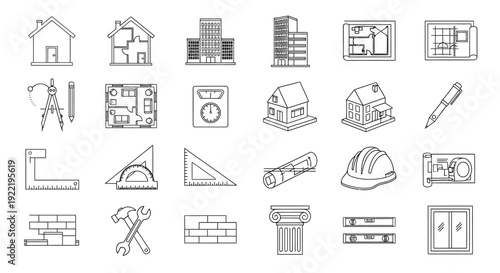 Architectural design icons buildings tools and blueprint elements