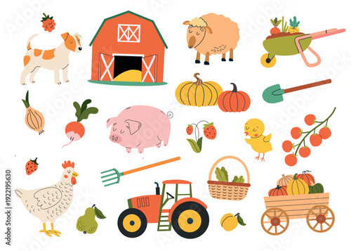 Big vector set of farm animals, gardening tools and fresh harvest. Cute flat illustrations of a barn, tractor, pig, sheep, chicken, and various vegetables and fruits. Rural life elements for stickers,