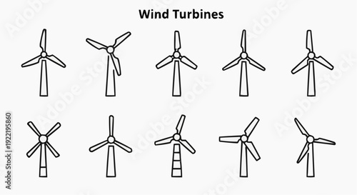 Wind Turbines Collection Illustration Featuring Various Turbine Designs and Configurations in a Clean Layout