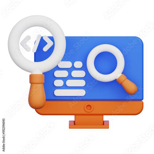 3D Computer Screen with Magnifying Glass and Code Snippet Illustrating Software Development and Analysis