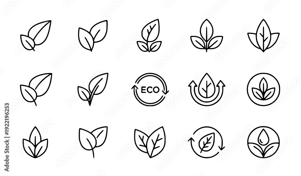Fototapeta premium Minimal Eco Leaf Outline Icons Monoline Botanical Symbol Collection Isolated on White Background