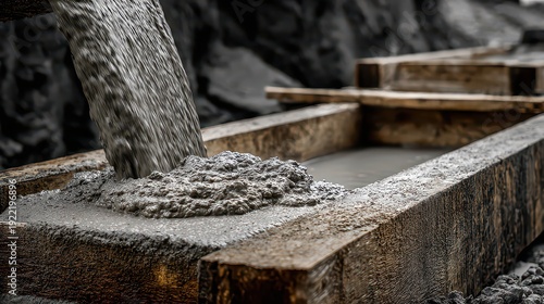 Wallpaper Mural Rustic Wooden Flume with Flowing Silver Liquid Against Dark Mountainous Backdrop in High Contrast Showcasing Industrial Process and Natural Textures Torontodigital.ca