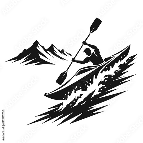 A black and white vector graphic of a kayaker on a river
