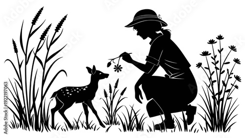 A woman in a hat feeding a deer in a field of grass and flowers
