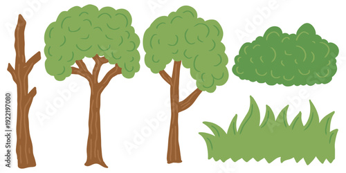 Flat nature elements set with trees, bushes, and grass vector. Hand drawn forest plants collection including green trees and shrubs