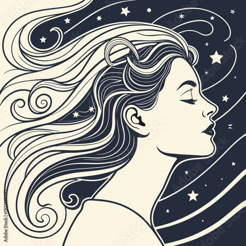 A beautiful woman with long hair and stars in the background
