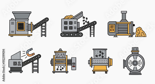 Industrial machinery icons collection featuring various equipment and mechanical devices in a flat design, showcasing manufacturing process
