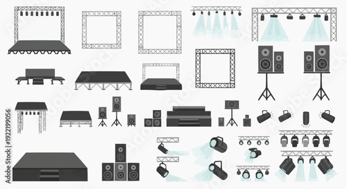 Event setup elements collection featuring stage, lights, screens, and sound equipment in various configurations and viewpoints
