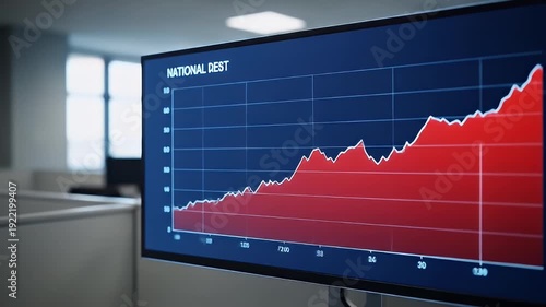 Graph Displaying Rising National Debt in Modern Office Environment with Subtle Background Activity