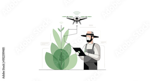 A farmer holds a tablet interacting with a tall plant while a drone flies above with data connections, Generative AI.