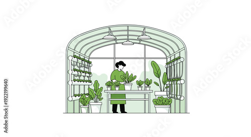 A person tends to various potted plants inside a greenhouse with vertical hydroponic farming systems, Generative AI.