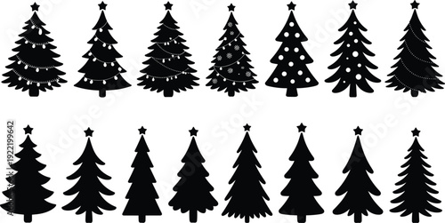 WebChristmas tree silhouette collection, decorated and plain holiday trees, festive ornament design, winter celebration art, flat vector illustration