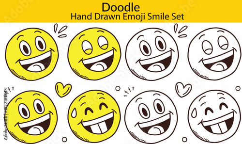 Doodle Emoji face icon set. Hand drawn sketch style. Emoji with different emotion mood, happy, sad, smile face. Comic line art vector illustration.
