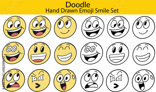 Doodle Emoji face icon set. Hand drawn sketch style. Emoji with different emotion mood, happy, sad, smile face. Comic line art vector illustration.
