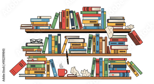 Cozy Bookshelf with Stacked Books, Glasses, and Hot Drink - Illustration