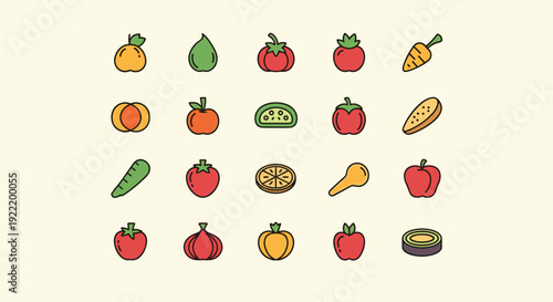 A colorful illustration of various fruits and vegetables on a plain background