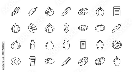 A collection of various food icons on a white background